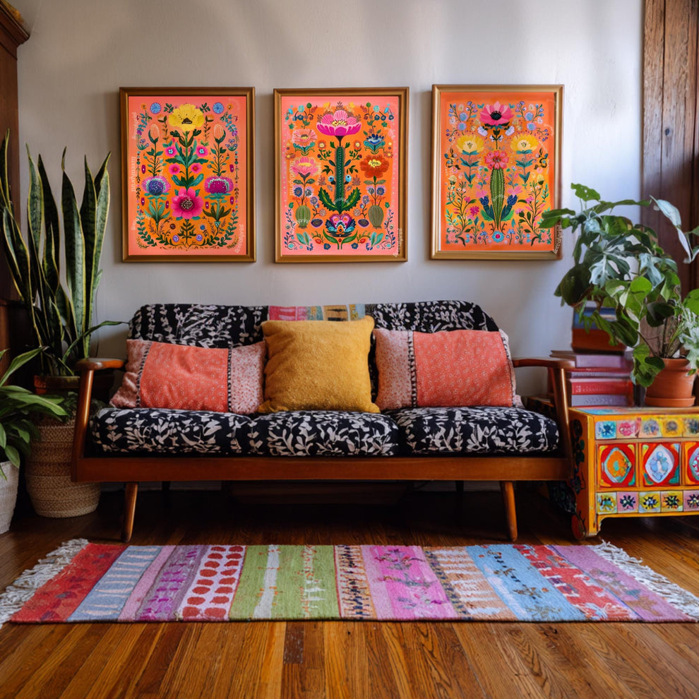 Cactus Wall Art Set of 3 – Bold Southwestern Prints Mexican Folk Art Desert Decor Orange Boho Gallery Wall Funky Over Couch Art Orange