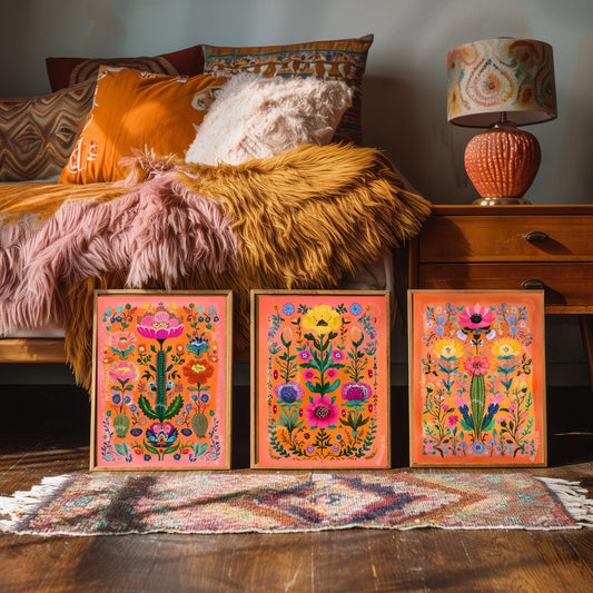 Cactus Wall Art Set of 3 – Bold Southwestern Prints Mexican Folk Art Desert Decor Orange Boho Gallery Wall Funky Over Couch Art Orange