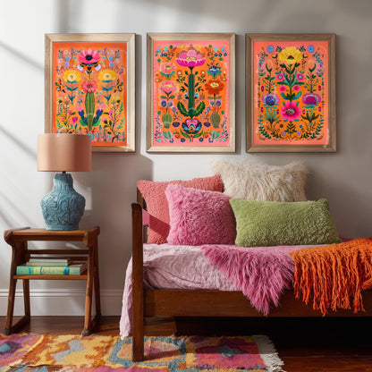 Cactus Wall Art Set of 3 – Bold Southwestern Prints Mexican Folk Art Desert Decor Orange Boho Gallery Wall Funky Over Couch Art Orange