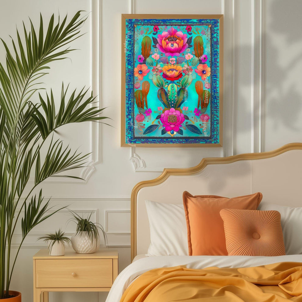 Turquoise Cactus Flower Wall Art – Maximalist Desert Botanical Print, Vibrant Pink and Teal Art for Southwestern or Boho Gallery Walls