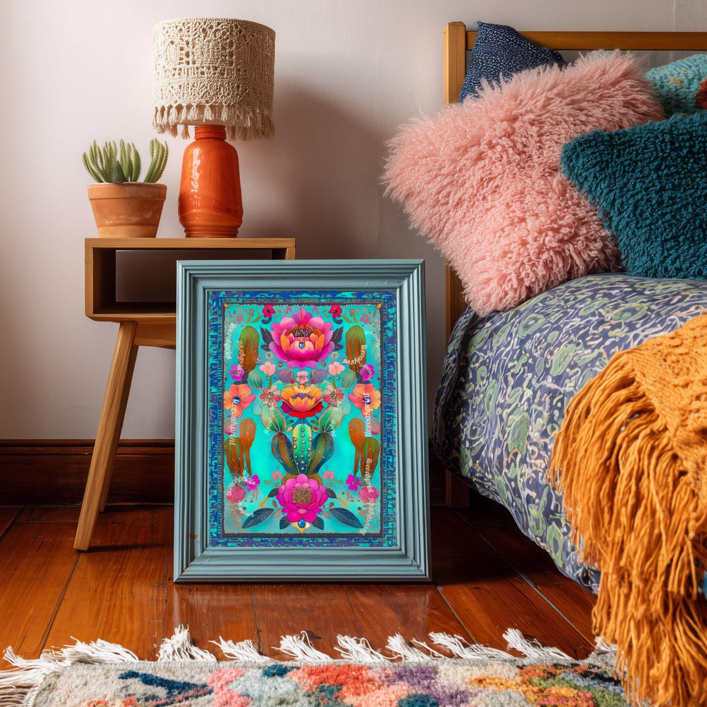 Turquoise Cactus Flower Wall Art – Maximalist Desert Botanical Print, Vibrant Pink and Teal Art for Southwestern or Boho Gallery Walls