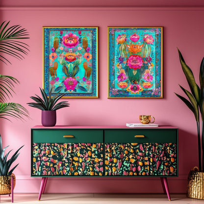 Turquoise Cactus Flower Wall Art – Maximalist Desert Botanical Print, Vibrant Pink and Teal Art for Southwestern or Boho Gallery Walls