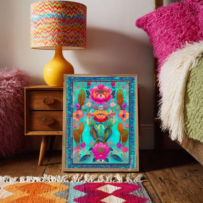 Turquoise Cactus Flower Wall Art – Maximalist Desert Botanical Print, Vibrant Pink and Teal Art for Southwestern or Boho Gallery Walls