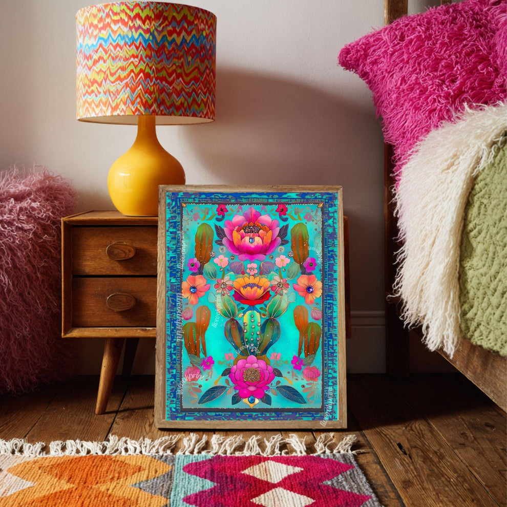 Turquoise Cactus Flower Wall Art – Maximalist Desert Botanical Print, Vibrant Pink and Teal Art for Southwestern or Boho Gallery Walls