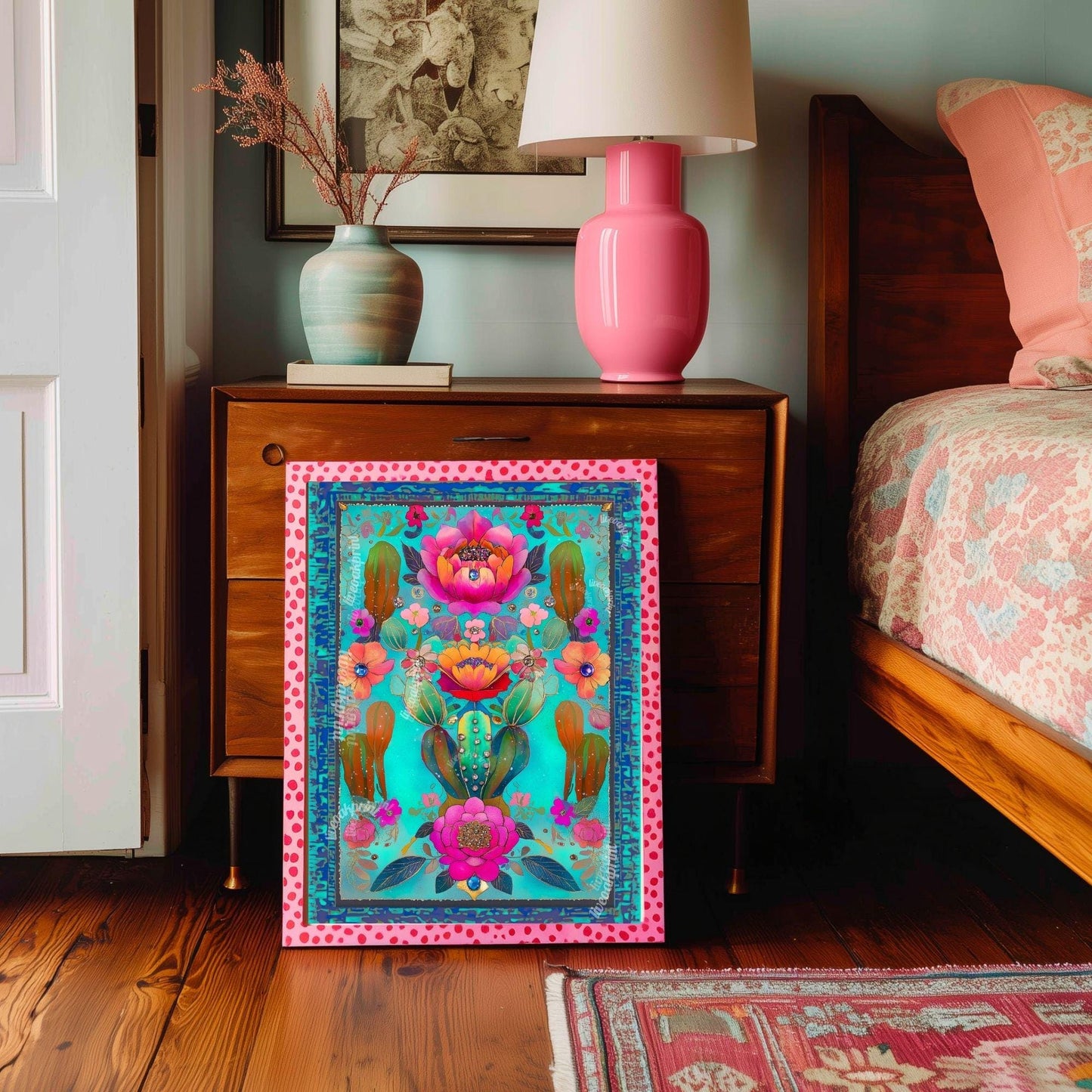 Turquoise Cactus Flower Wall Art – Maximalist Desert Botanical Print, Vibrant Pink and Teal Art for Southwestern or Boho Gallery Walls