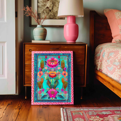 Turquoise Cactus Flower Wall Art – Maximalist Desert Botanical Print, Vibrant Pink and Teal Art for Southwestern or Boho Gallery Walls
