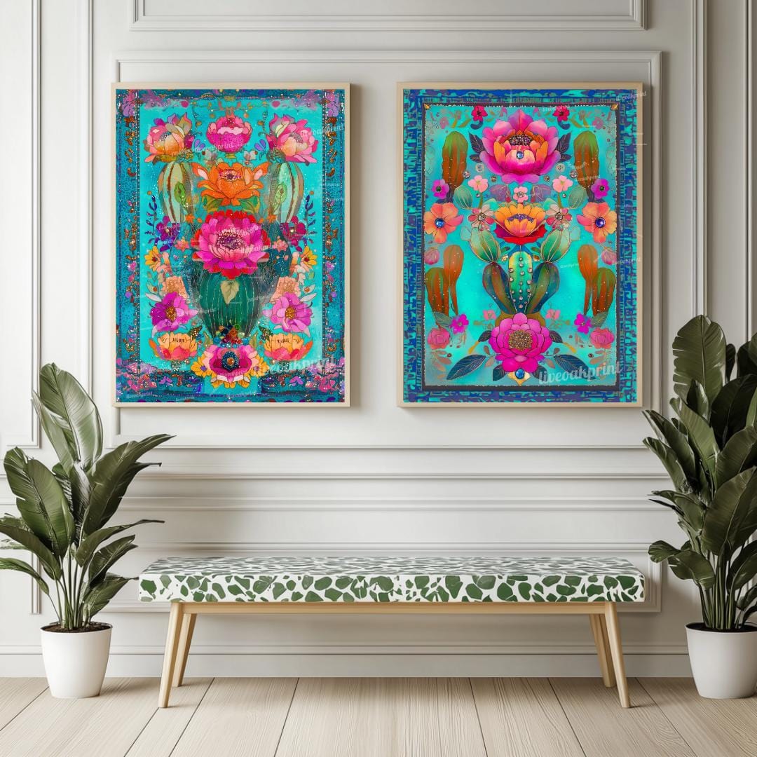 Set of Two Turquoise Mexican Cactus Wall Art – Folk-Style Desert Print Colorful Pink & Blue Maximalist Décor for Southwestern Boho Homes