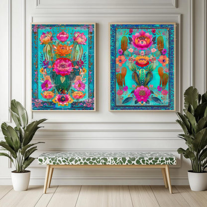 Set of Two Turquoise Mexican Cactus Wall Art – Folk-Style Desert Print Colorful Pink & Blue Maximalist Décor for Southwestern Boho Homes