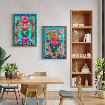 Set of Two Turquoise Mexican Cactus Wall Art – Folk-Style Desert Print Colorful Pink & Blue Maximalist Décor for Southwestern Boho Homes