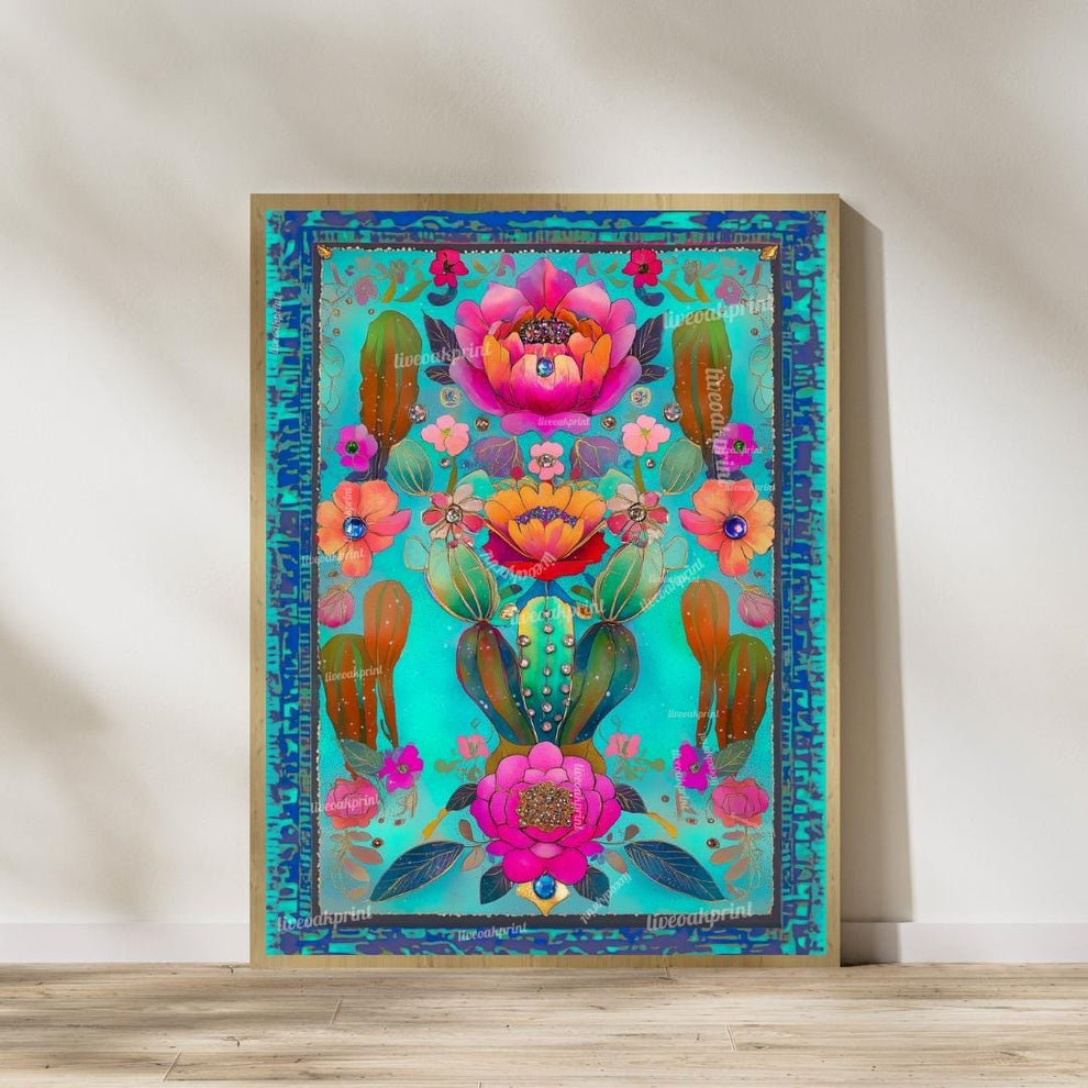 Set of Two Turquoise Mexican Cactus Wall Art – Folk-Style Desert Print Colorful Pink & Blue Maximalist Décor for Southwestern Boho Homes