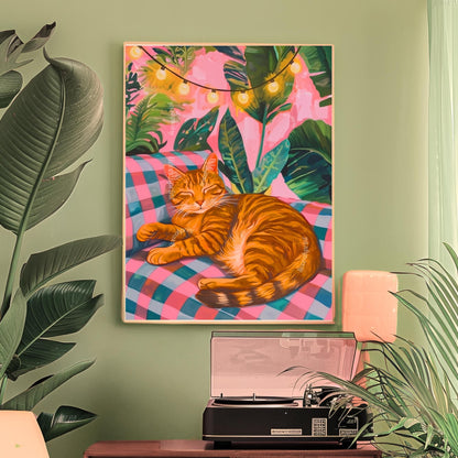 Cozy Orange Cat Print – Boho Cat Wall Art – Gingham Bedroom Decor – Brown Cat Print – Pink and Green Cat Poster – Cute Animal Wall Art