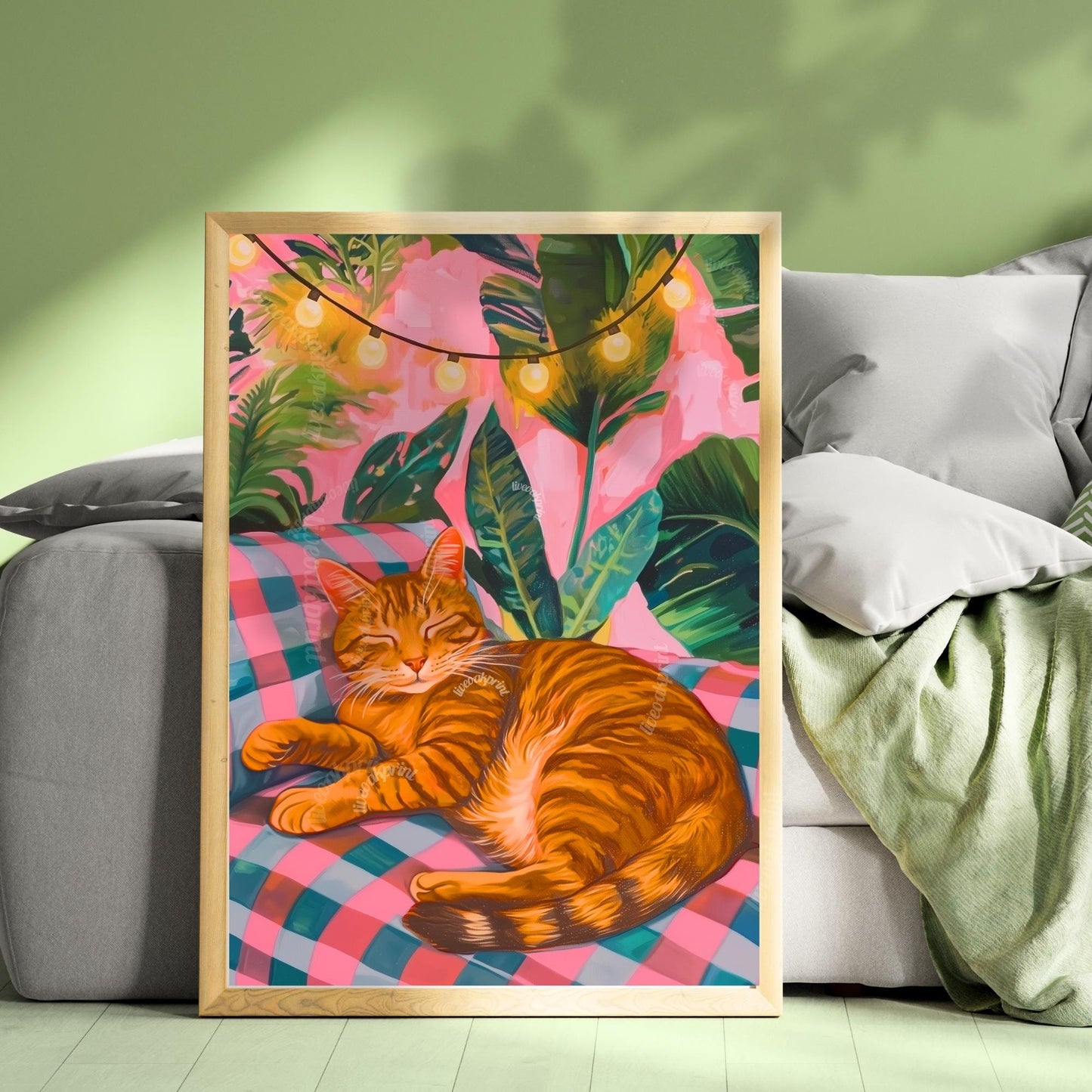 Cozy Orange Cat Print – Boho Cat Wall Art – Gingham Bedroom Decor – Brown Cat Print – Pink and Green Cat Poster – Cute Animal Wall Art