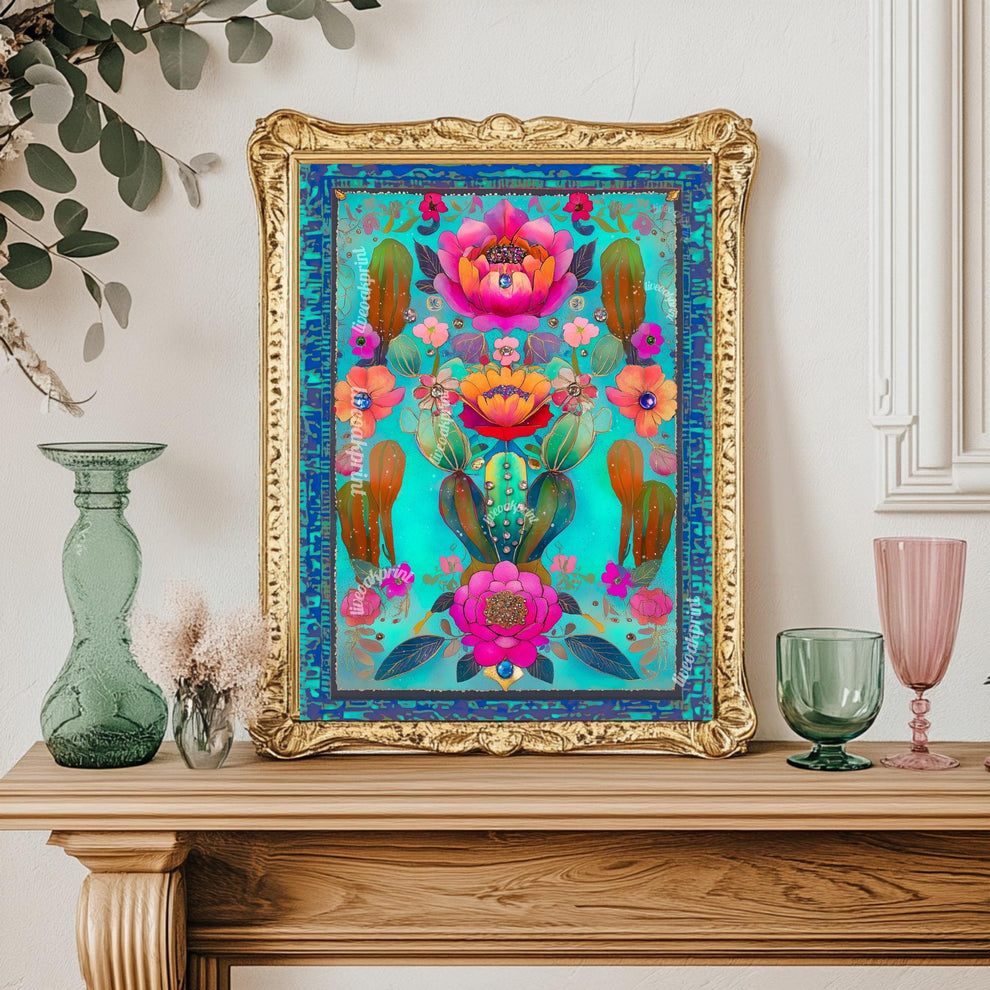 Turquoise Cactus Flower Wall Art – Maximalist Desert Botanical Print, Vibrant Pink and Teal Art for Southwestern or Boho Gallery Walls