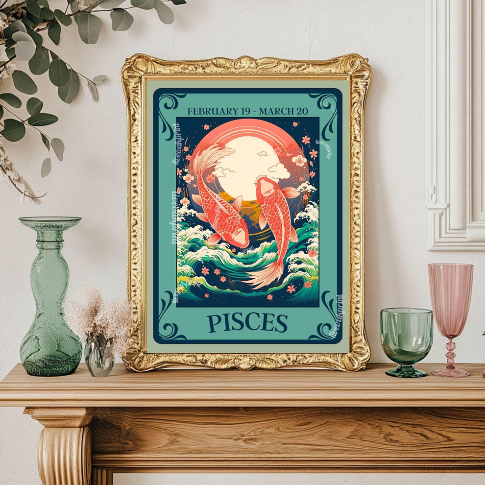 Pisces Tarot Print – Pisces Gift, Zodiac Wall Art Astrology Poster Dreamy Water Sign Decor February Birthday Gift Pisces Art Print