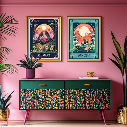 Pisces Tarot Print – Pisces Gift, Zodiac Wall Art Astrology Poster Dreamy Water Sign Decor February Birthday Gift Pisces Art Print