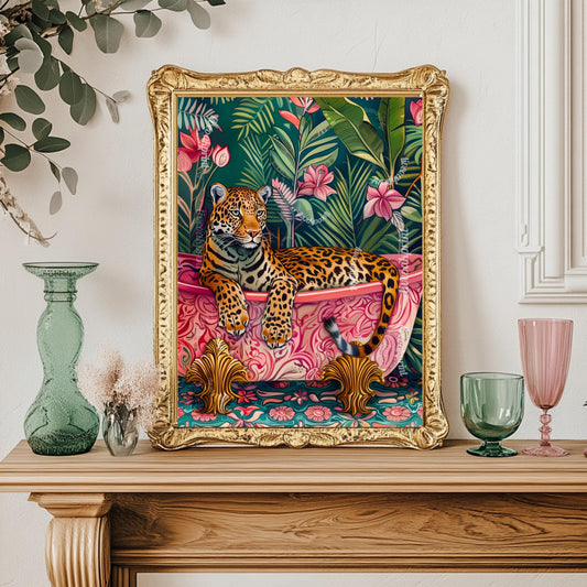 Leopard in a Bathtub Print – Maximalist Bathroom Wall Art Tropical Animal Print Pink and Green Bathroom Decor Jungle Dopamine Bathroom Decor
