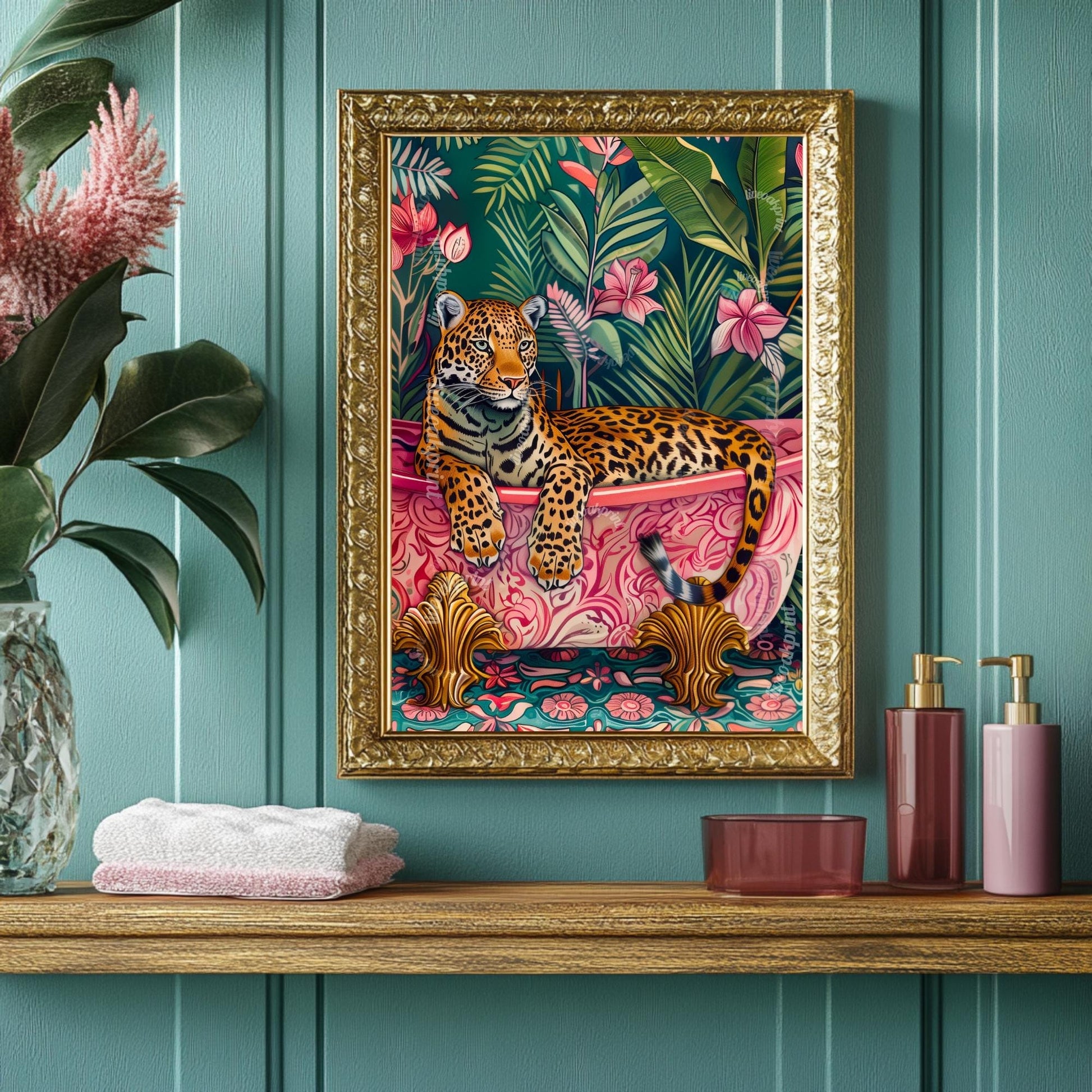 Leopard in a Bathtub Print – Maximalist Bathroom Wall Art Tropical Animal Print Pink and Green Bathroom Decor Jungle Dopamine Bathroom Decor