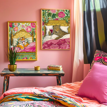 Tiger Loves Ice Cream in Bed & I Can't Blame Her - Tiger Wall Art Maximalist Bedroom Decor Luxury Wall Art Dessert Wall Decor Tiger