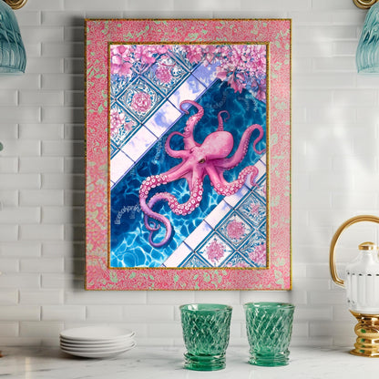 Pink Octopus Poolside Wall Art – Coastal Maximalist Ocean Decor Blue and Pink Tile Art Print Whimsical Bathroom Art Octopus Bathroom Decor