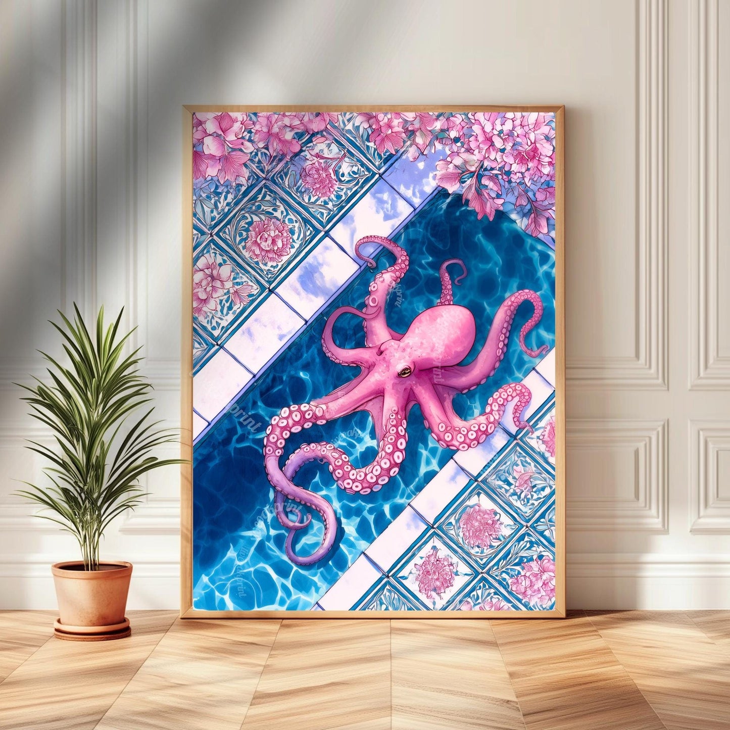 Pink Octopus Poolside Wall Art – Coastal Maximalist Ocean Decor Blue and Pink Tile Art Print Whimsical Bathroom Art Octopus Bathroom Decor