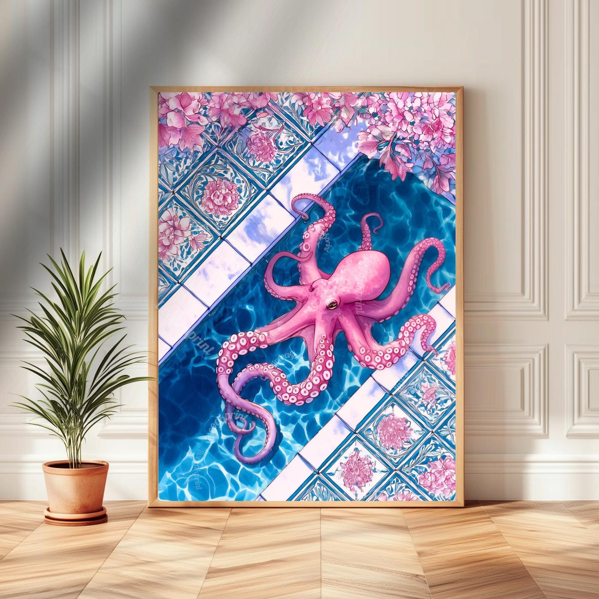 Pink Octopus Poolside Wall Art – Coastal Maximalist Ocean Decor Blue and Pink Tile Art Print Whimsical Bathroom Art Octopus Bathroom Decor