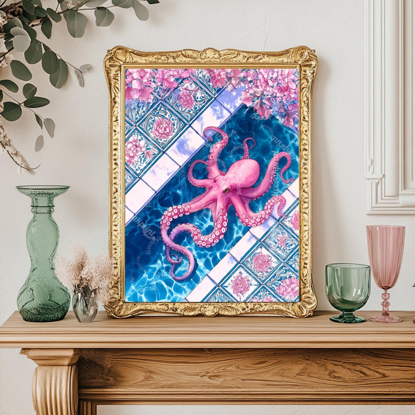 Pink Octopus Poolside Wall Art – Coastal Maximalist Ocean Decor Blue and Pink Tile Art Print Whimsical Bathroom Art Octopus Bathroom Decor