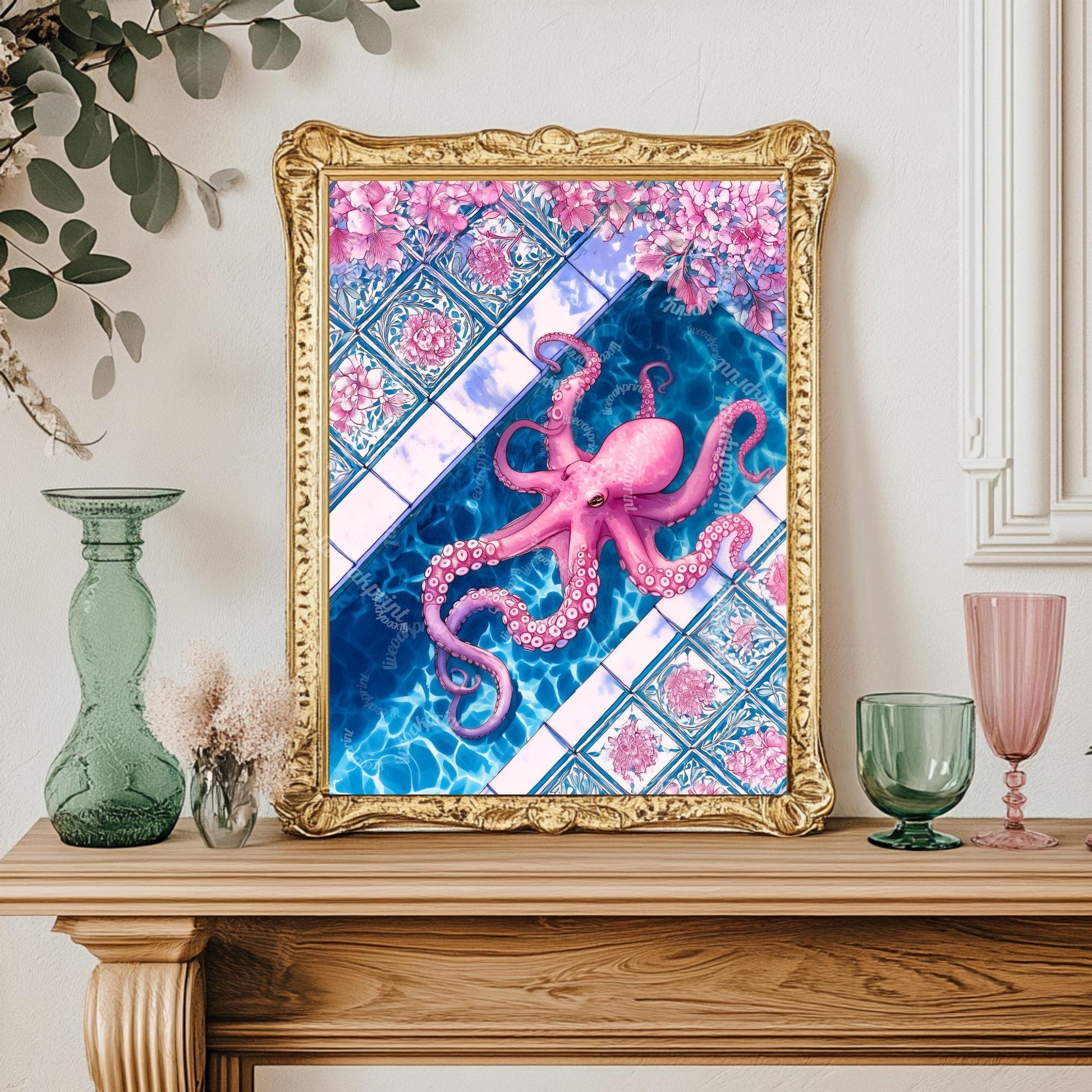 Pink Octopus Poolside Wall Art – Coastal Maximalist Ocean Decor Blue and Pink Tile Art Print Whimsical Bathroom Art Octopus Bathroom Decor