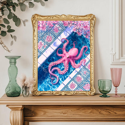 Pink Octopus Poolside Wall Art – Coastal Maximalist Ocean Decor Blue and Pink Tile Art Print Whimsical Bathroom Art Octopus Bathroom Decor