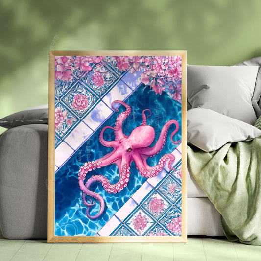 Pink Octopus Poolside Wall Art – Coastal Maximalist Ocean Decor Blue and Pink Tile Art Print Whimsical Bathroom Art Octopus Bathroom Decor