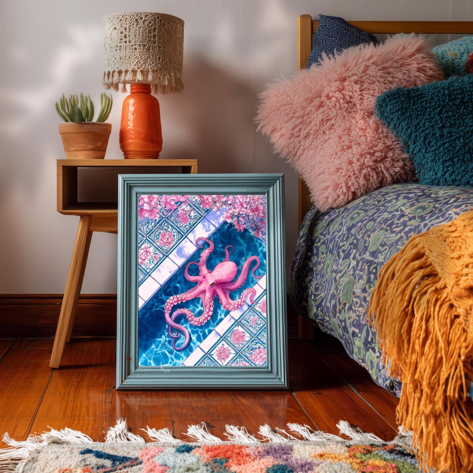 Pink Octopus Poolside Wall Art – Coastal Maximalist Ocean Decor Blue and Pink Tile Art Print Whimsical Bathroom Art Octopus Bathroom Decor