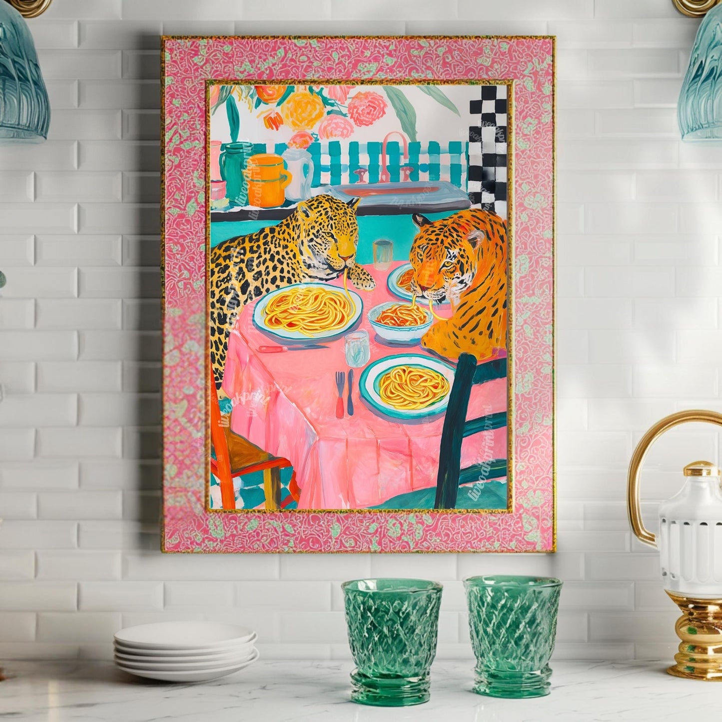 Tiger and Leopard Share Spaghetti Dinner - Big Cat Kitchen Print