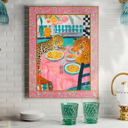 Tiger and Leopard Share Spaghetti Dinner - Big Cat Kitchen Print