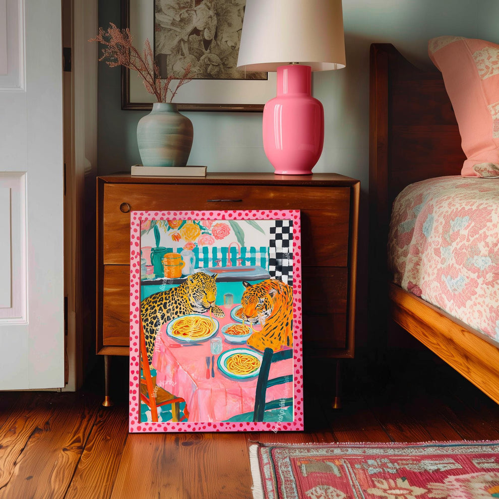 Tiger and Leopard Share Spaghetti Dinner - Big Cat Kitchen Print