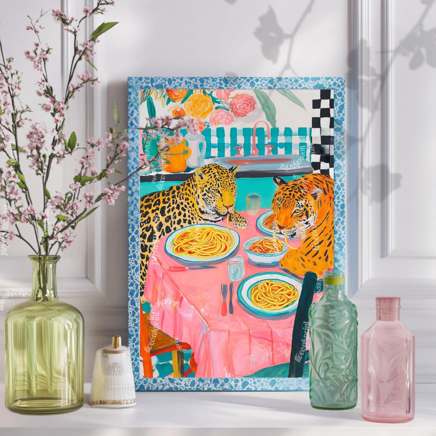 Tiger and Leopard Share Spaghetti Dinner - Big Cat Kitchen Print