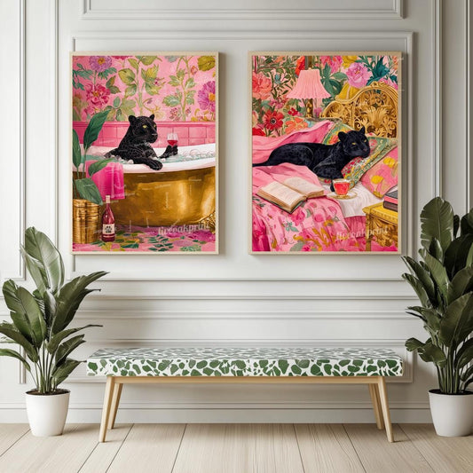 Set of 2 Panther Wall Art Prints – Black Panther Bedroom and Bathroom Decor Pink Maximalist Dopamine Decor Big Cat Wall Art Set