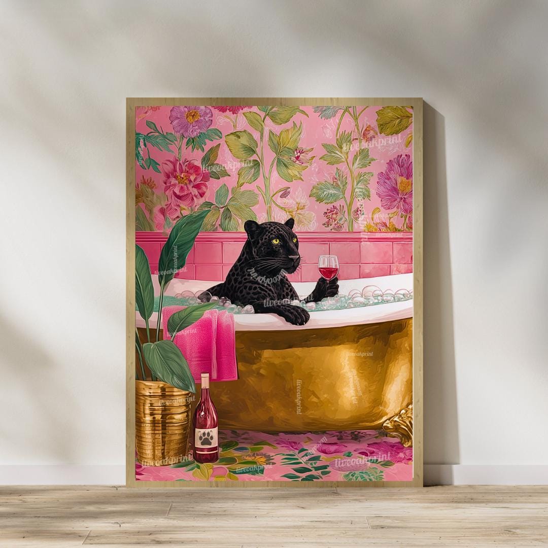 Set of 2 Panther Wall Art Prints – Black Panther Bedroom and Bathroom Decor Pink Maximalist Dopamine Decor Big Cat Wall Art Set