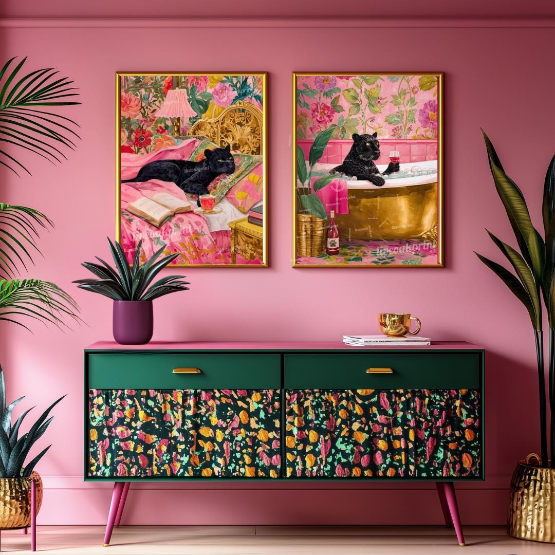 Set of 2 Panther Wall Art Prints – Black Panther Bedroom and Bathroom Decor Pink Maximalist Dopamine Decor Big Cat Wall Art Set