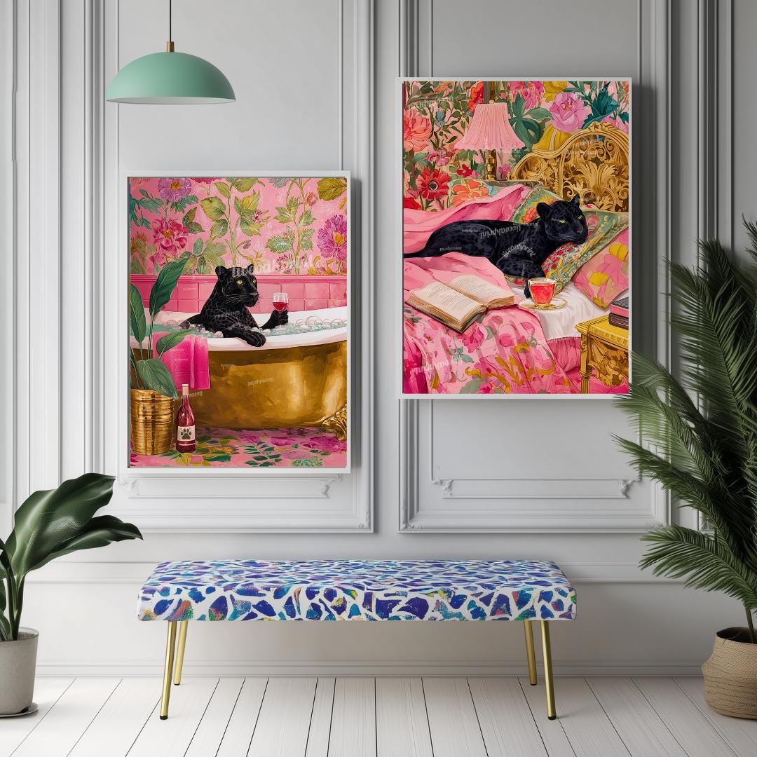 Set of 2 Panther Wall Art Prints – Black Panther Bedroom and Bathroom Decor Pink Maximalist Dopamine Decor Big Cat Wall Art Set
