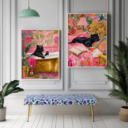 Set of 2 Panther Wall Art Prints – Black Panther Bedroom and Bathroom Decor Pink Maximalist Dopamine Decor Big Cat Wall Art Set