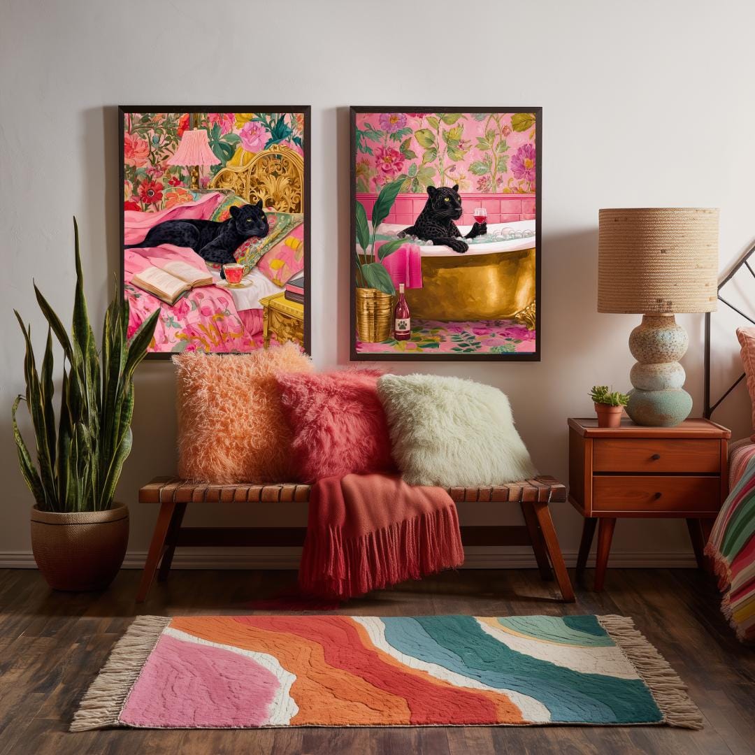 Set of 2 Panther Wall Art Prints – Black Panther Bedroom and Bathroom Decor Pink Maximalist Dopamine Decor Big Cat Wall Art Set