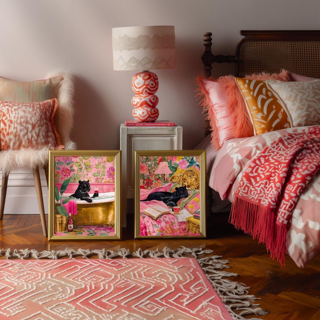 Set of 2 Panther Wall Art Prints – Black Panther Bedroom and Bathroom Decor Pink Maximalist Dopamine Decor Big Cat Wall Art Set