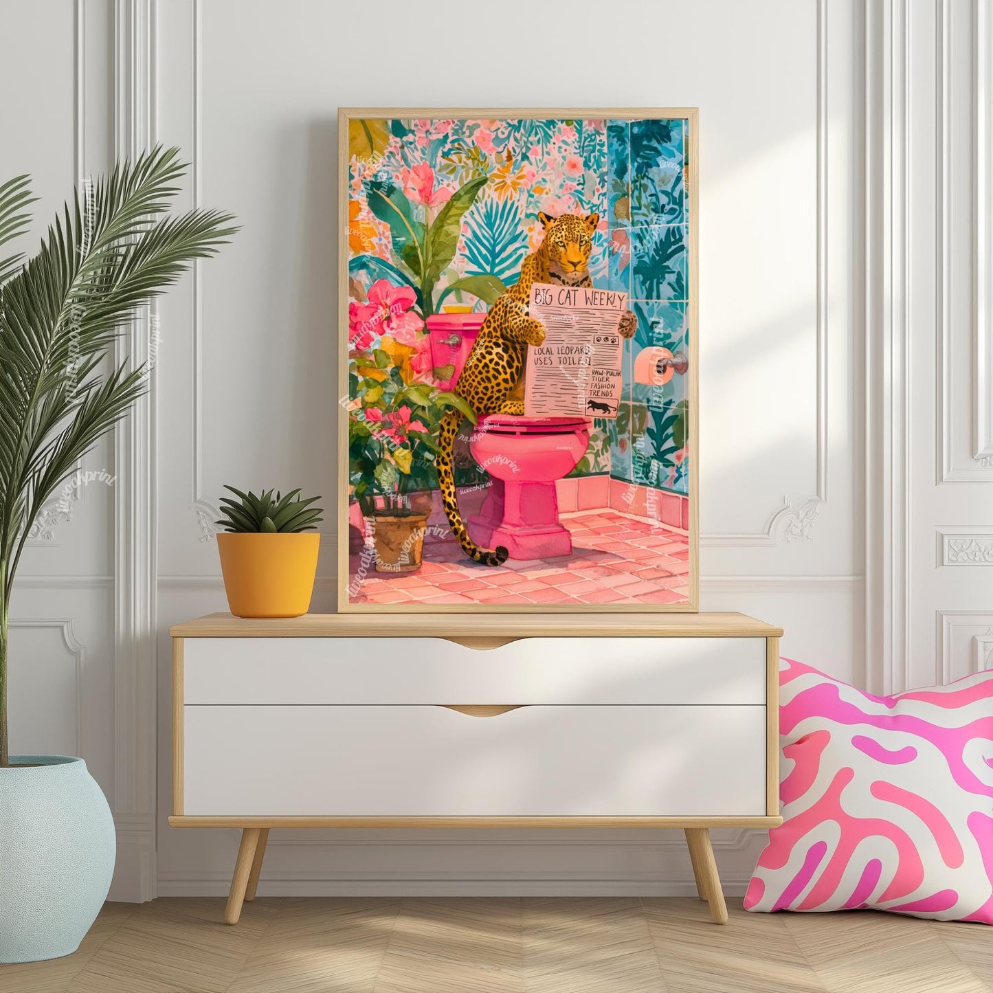 Leopard On A Toilet Wall Art - Colorful Toilet Room Decor Funny Bathroom Print Colorful Toilet Room Decor Quirky Animal Poster Eclectic Art