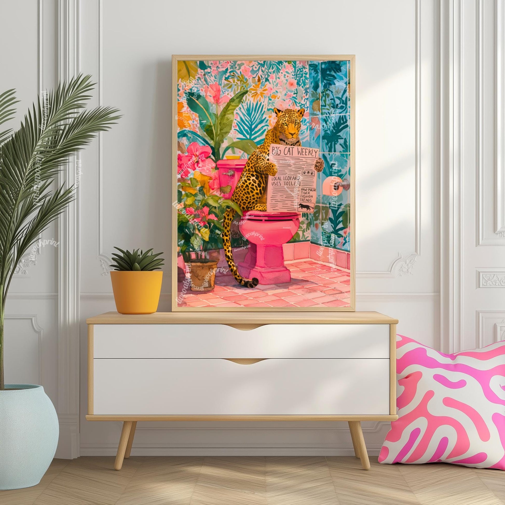 Leopard On A Toilet Wall Art - Colorful Toilet Room Decor Funny Bathroom Print Colorful Toilet Room Decor Quirky Animal Poster Eclectic Art