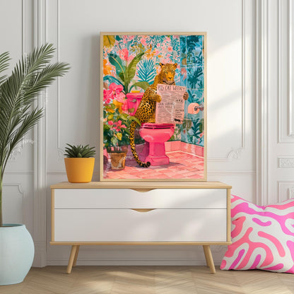 Leopard On A Toilet Wall Art - Colorful Toilet Room Decor Funny Bathroom Print Colorful Toilet Room Decor Quirky Animal Poster Eclectic Art