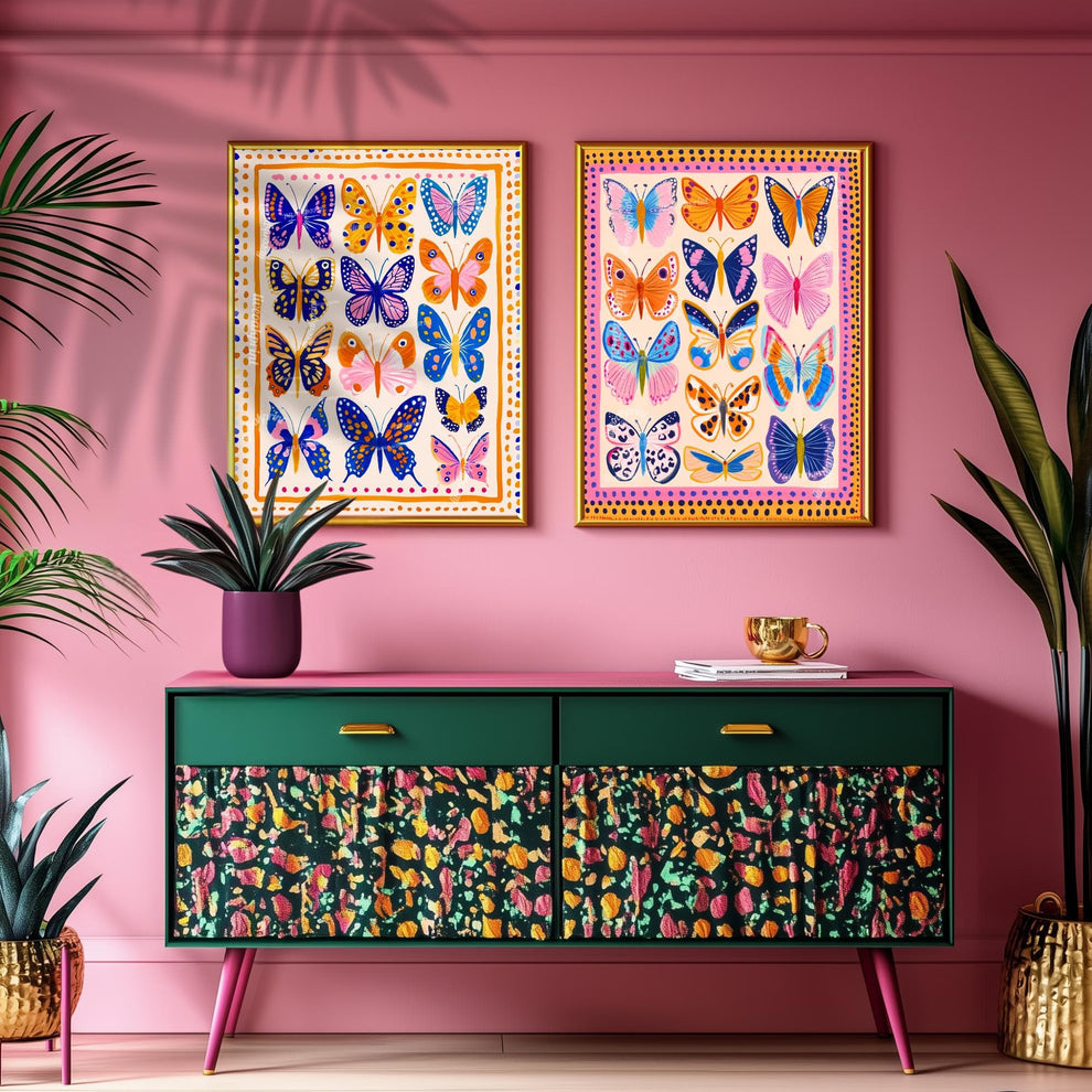 Orange Blue and Pink Butterflies Art Print – Boho Butterfly Print Whimsical Nature Decor Colorful Art Maximalist Gallery Wall Bedroom Decor