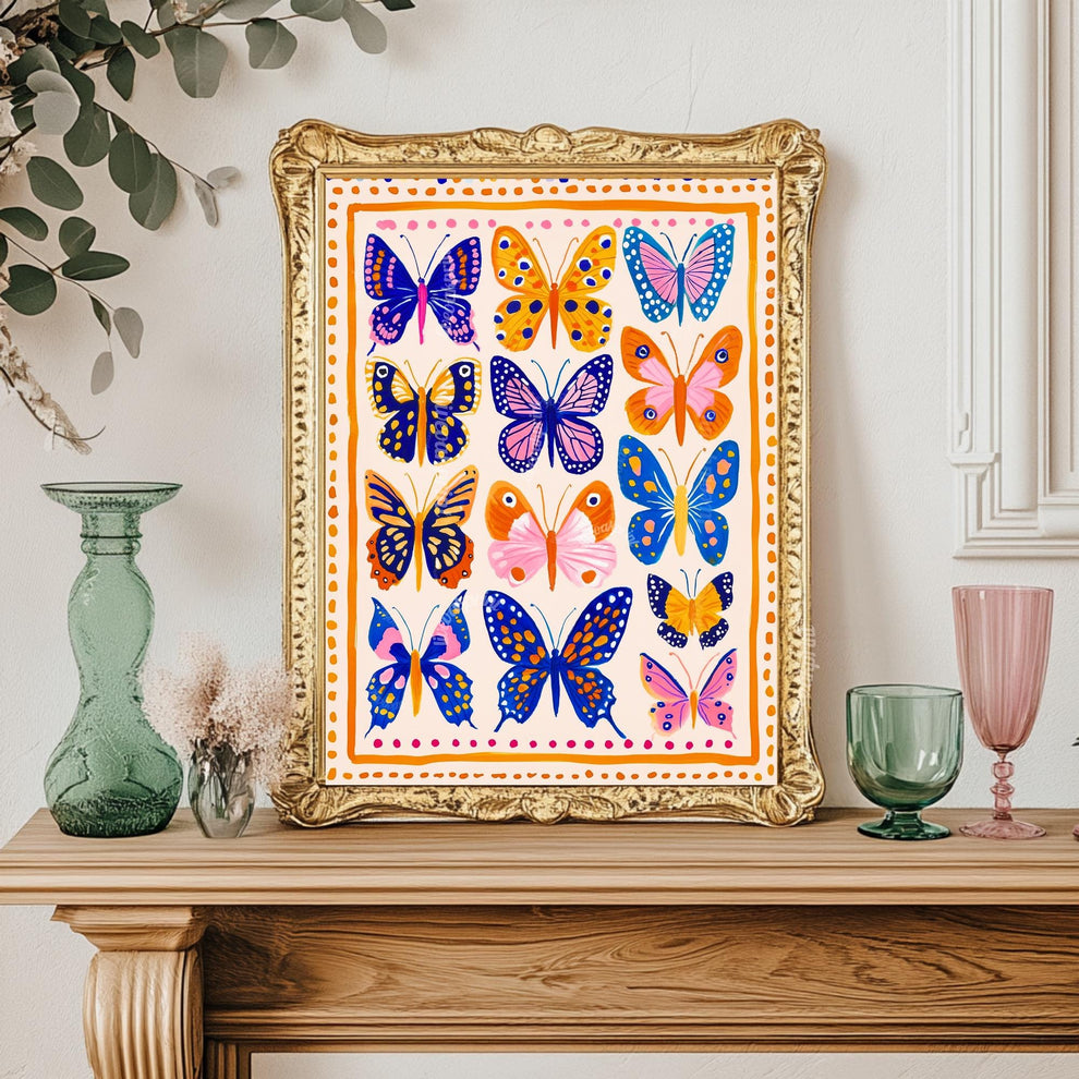 Orange Blue and Pink Butterflies Art Print – Boho Butterfly Print Whimsical Nature Decor Colorful Art Maximalist Gallery Wall Bedroom Decor