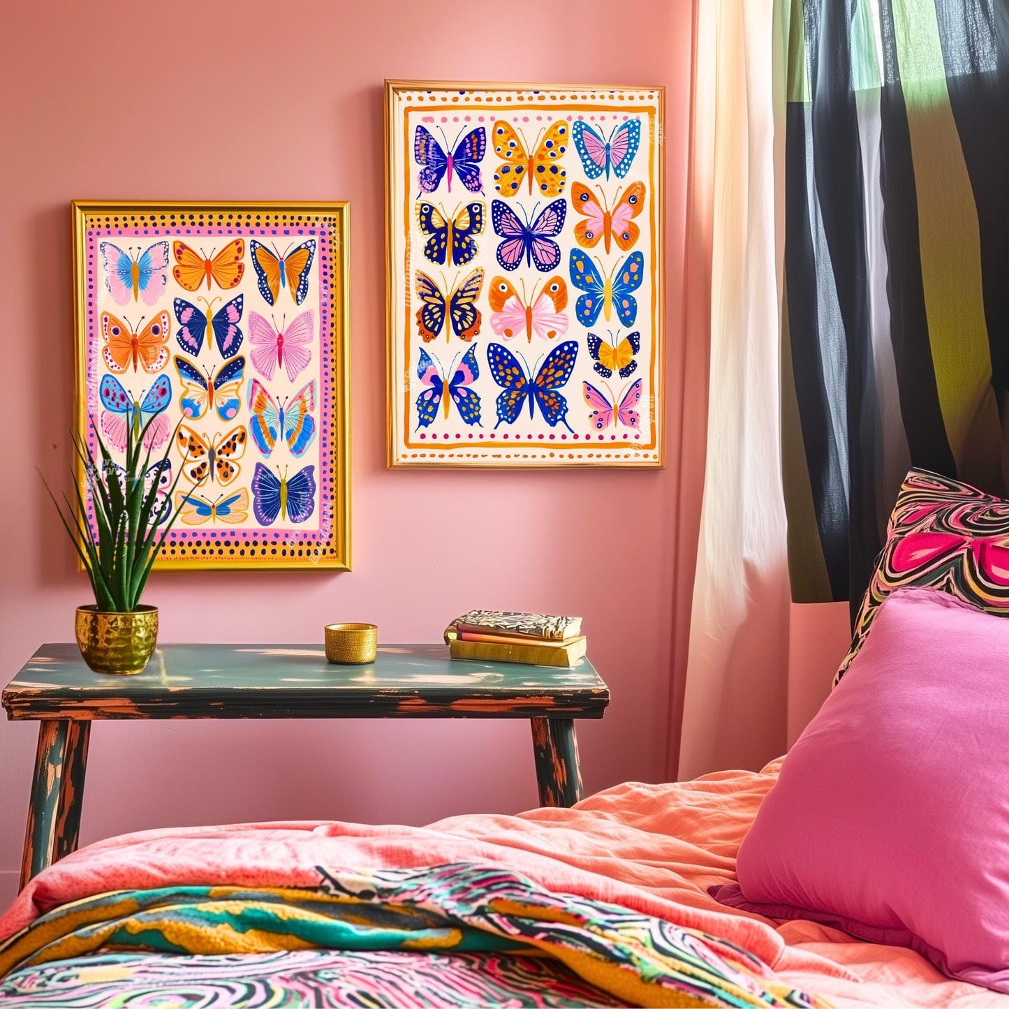 Orange Blue and Pink Butterflies Art Print – Boho Butterfly Print Whimsical Nature Decor Colorful Art Maximalist Gallery Wall Bedroom Decor