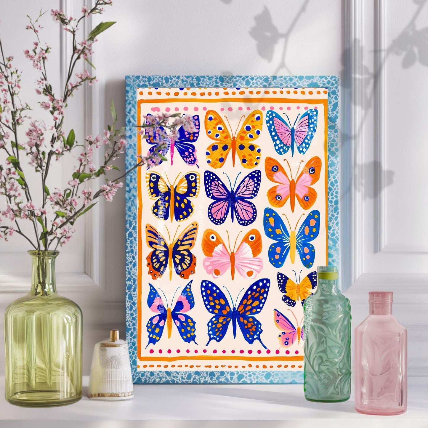 Orange Blue and Pink Butterflies Art Print – Boho Butterfly Print Whimsical Nature Decor Colorful Art Maximalist Gallery Wall Bedroom Decor