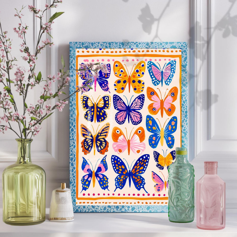 Orange Blue and Pink Butterflies Art Print – Boho Butterfly Print Whimsical Nature Decor Colorful Art Maximalist Gallery Wall Bedroom Decor