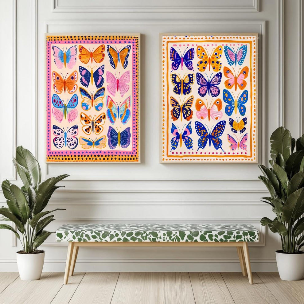Set of 2 Colorful Butterfly Prints – Pink Orange and Blue Vibrant Butterfly Wall Art Whimsical Nature Decor Prints Maximalist Gallery Wall